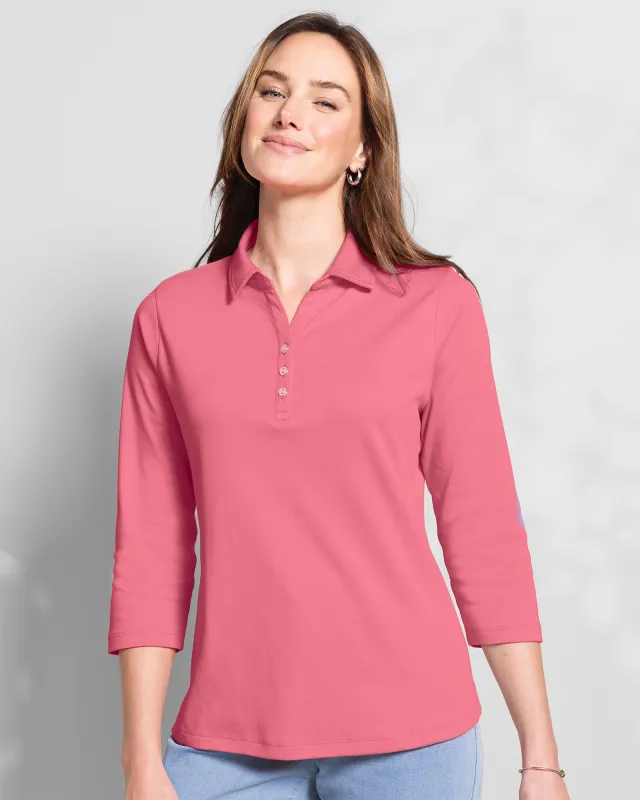 Appleseeds Women's Essential Cotton Solid Three-Quarter-Sleeve Polo - Pink - 3X - Womens Plus sold by Buff