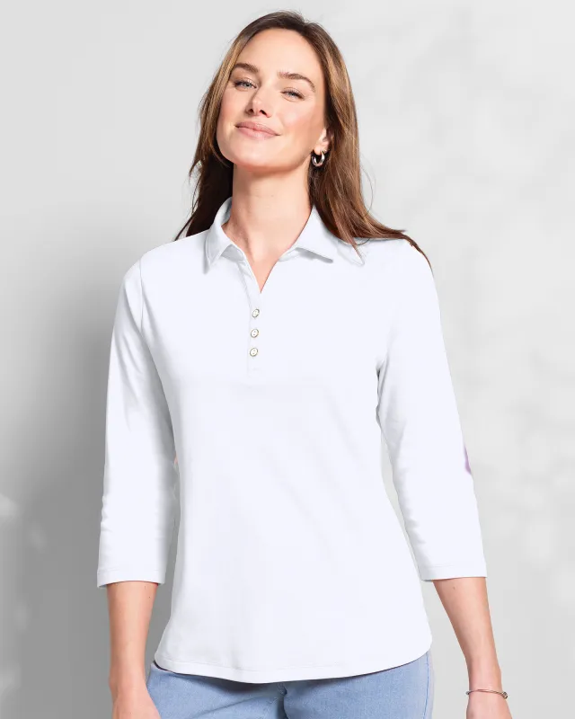 Appleseeds Women's Essential Cotton Solid Three-Quarter-Sleeve Polo - White - PL - Petite sold by Buff