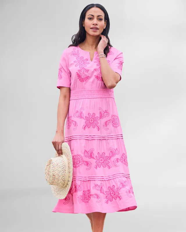 Appleseeds Women's Embroidered Tiered Dress  - Pink - L - Misses sold by Buff