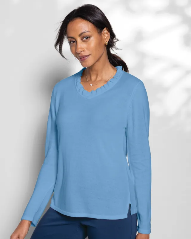 Appleseeds Women's Spindrift Ruffled V-Neck Sweater - Blue - XL - Misses sold by Buff