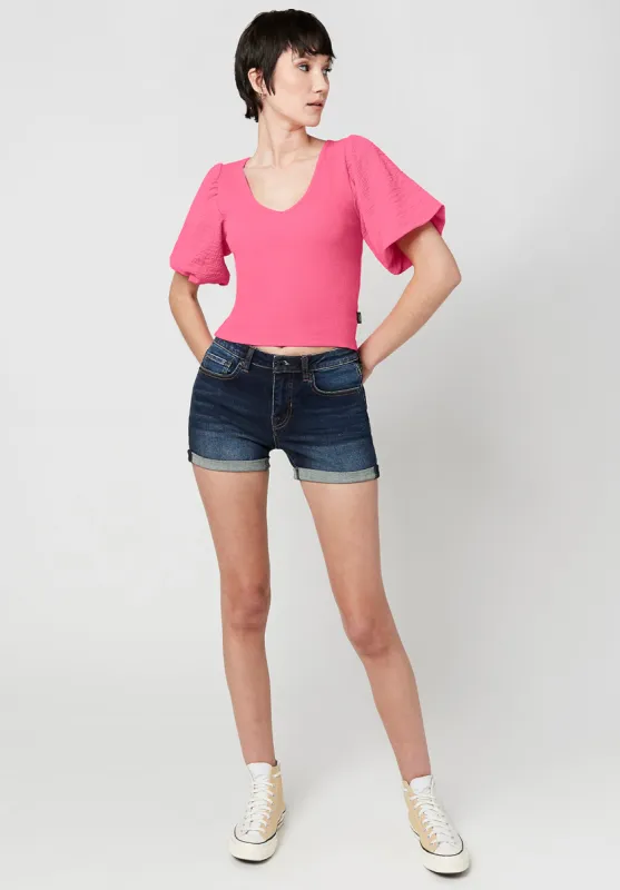 Clotilde Women's Mixed Media V-neck Top in Fuchsia - KT0429S sold by Buffalo David Bitton