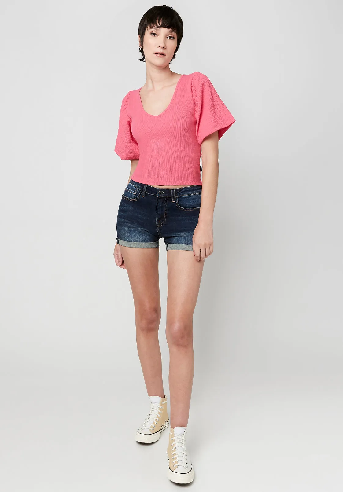 Clotilde Women's Mixed Media V-neck Top in Fuchsia - KT0429S sold by Buffalo David Bitton product image thumbnail 3