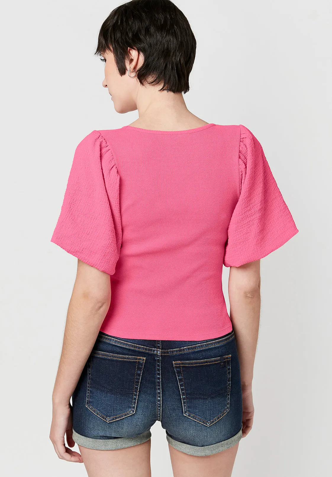 Clotilde Women's Mixed Media V-neck Top in Fuchsia - KT0429S sold by Buffalo David Bitton product image thumbnail 2