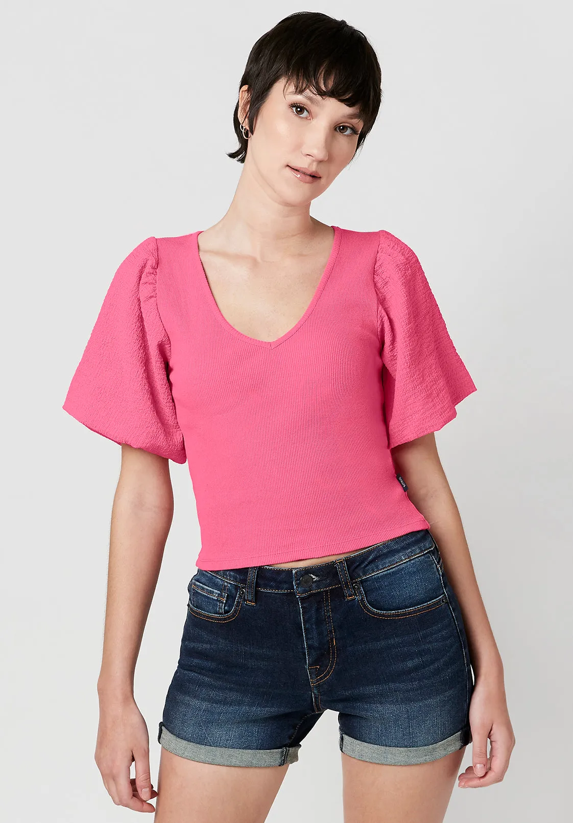 Clotilde Women's Mixed Media V-neck Top in Fuchsia - KT0429S sold by Buffalo David Bitton product image thumbnail 5