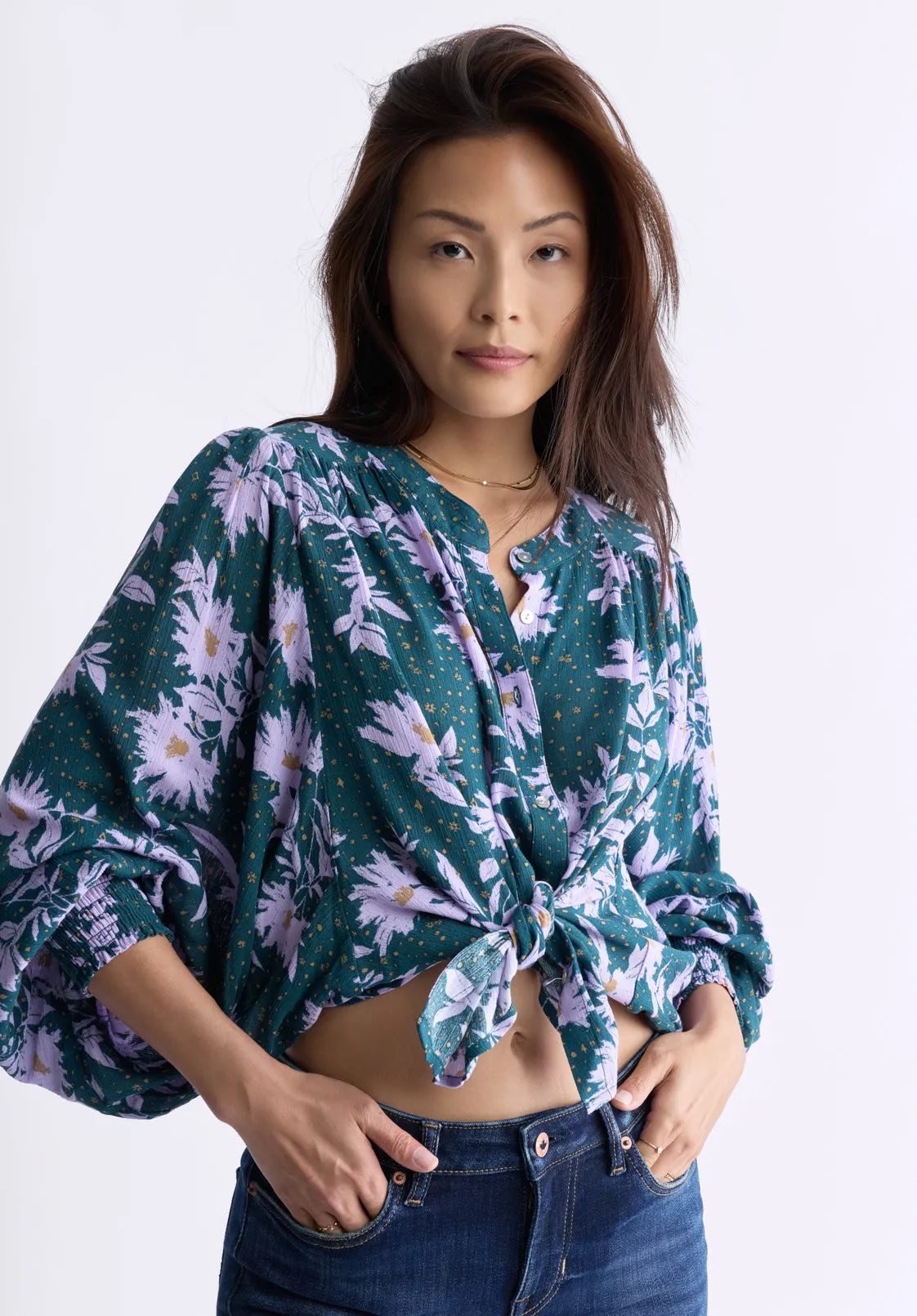 Ottilie Women's Long-Sleeved Blouse, Green with Purple Floral - WT0120F sold by Buffalo David Bitton product image thumbnail 2
