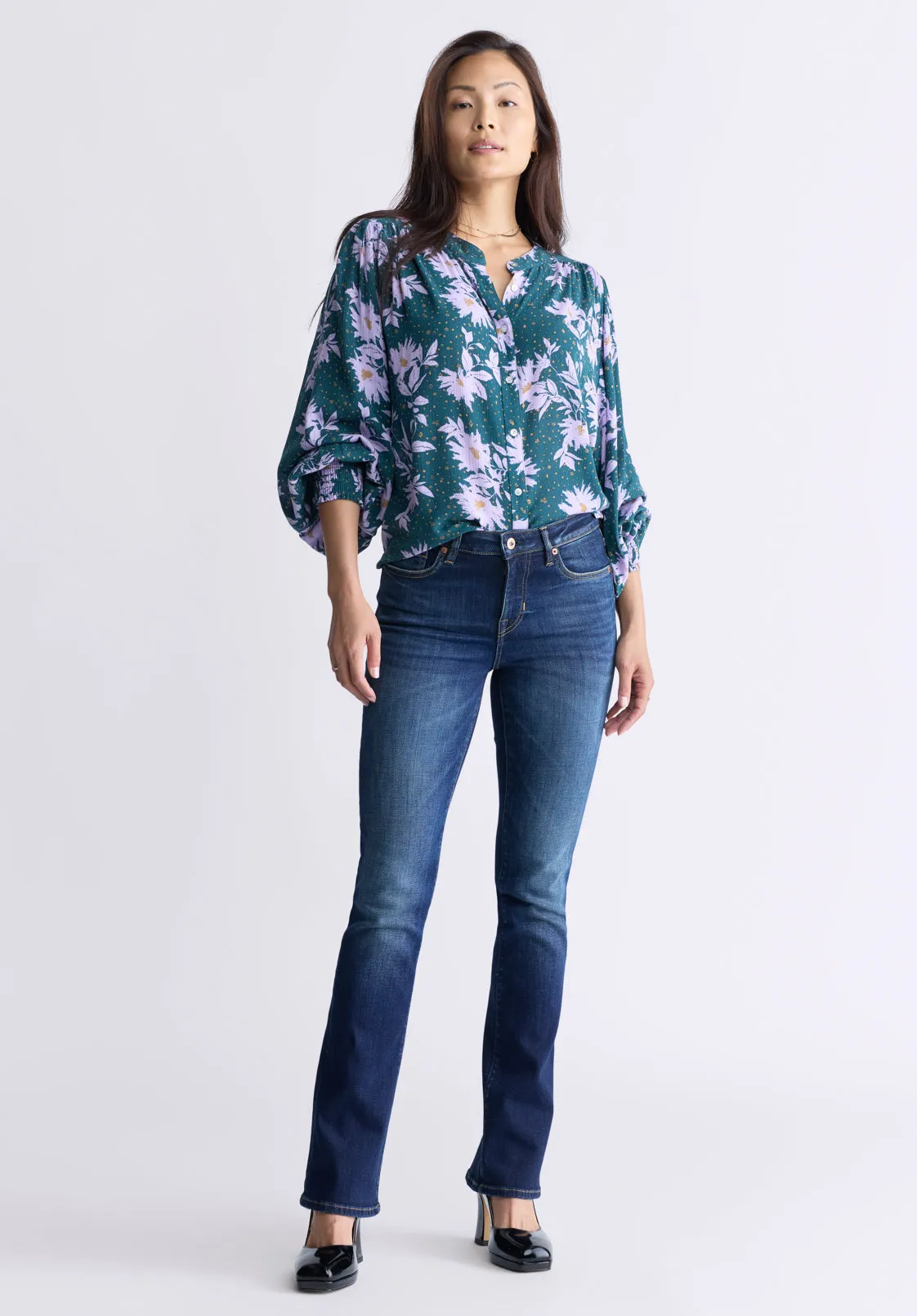 Ottilie Women's Long-Sleeved Blouse, Green with Purple Floral - WT0120F sold by Buffalo David Bitton product image thumbnail 5