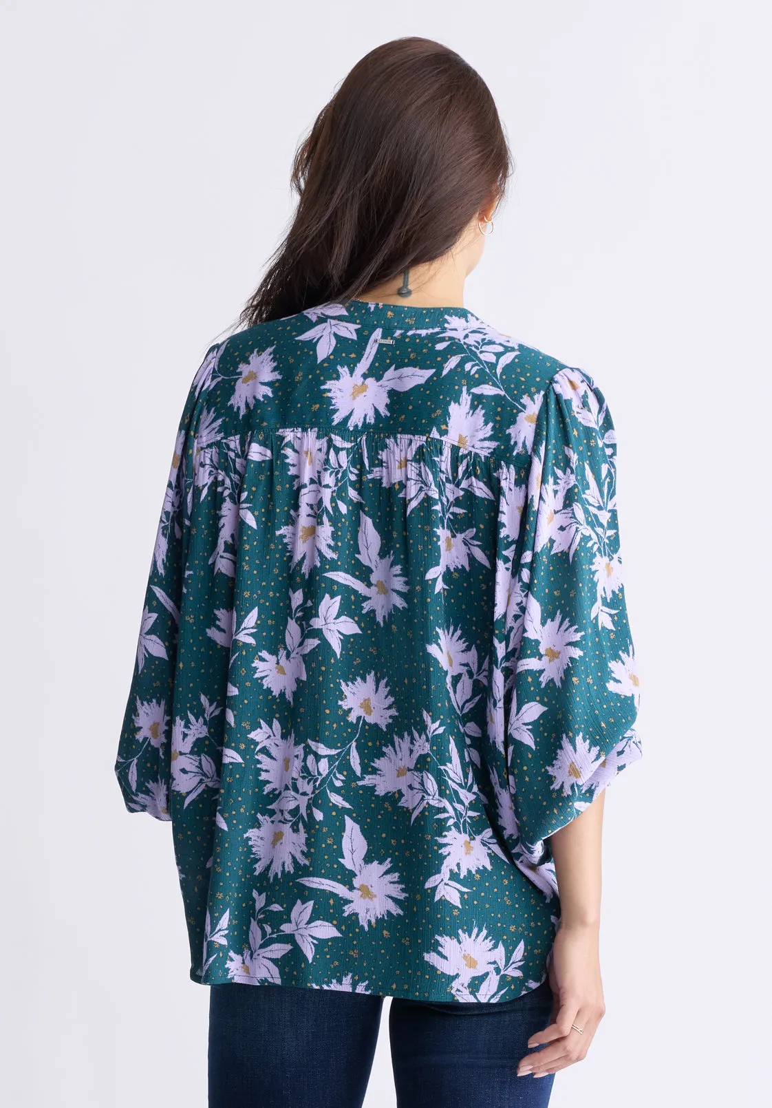 Ottilie Women's Long-Sleeved Blouse, Green with Purple Floral - WT0120F sold by Buffalo David Bitton product image thumbnail 4