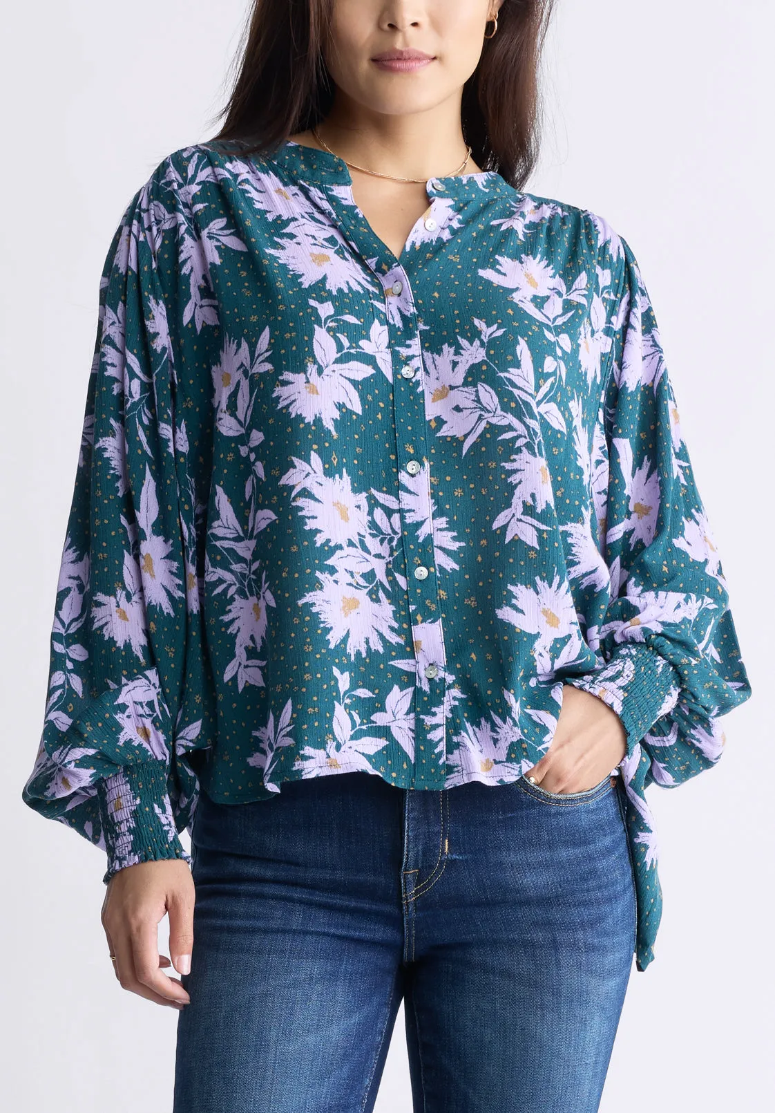 Ottilie Women's Long-Sleeved Blouse, Green with Purple Floral - WT0120F sold by Buffalo David Bitton