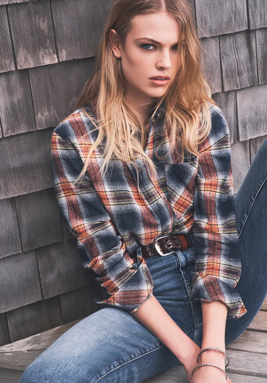 Percy Women's Button-Down Shirt in Navy Orange Plaid - WT0072F sold by Buffalo David Bitton product image thumbnail 2