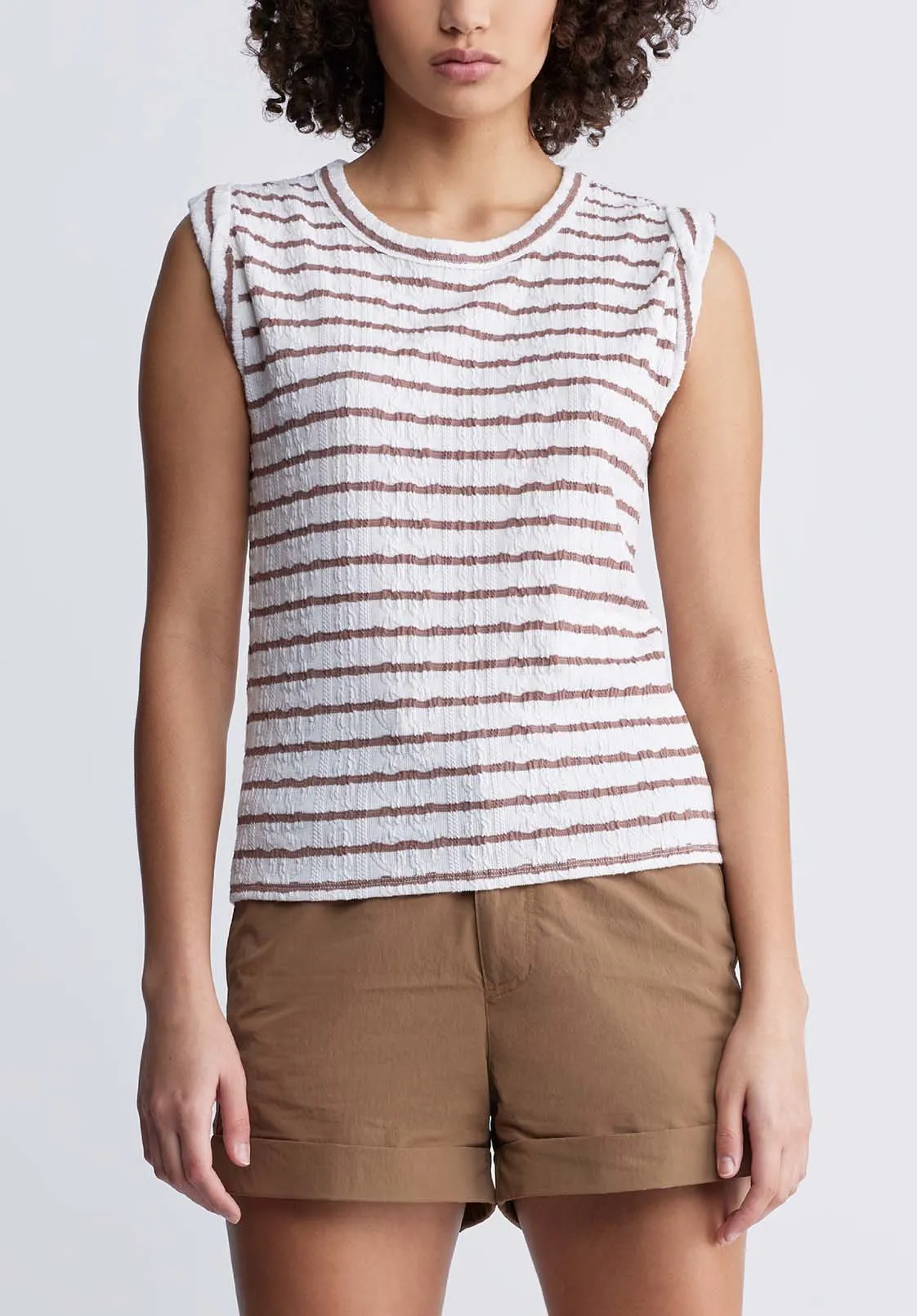 Elayne Women’s Striped Knit Tank Top in White & Tan - KT0126P sold by Buffalo David Bitton