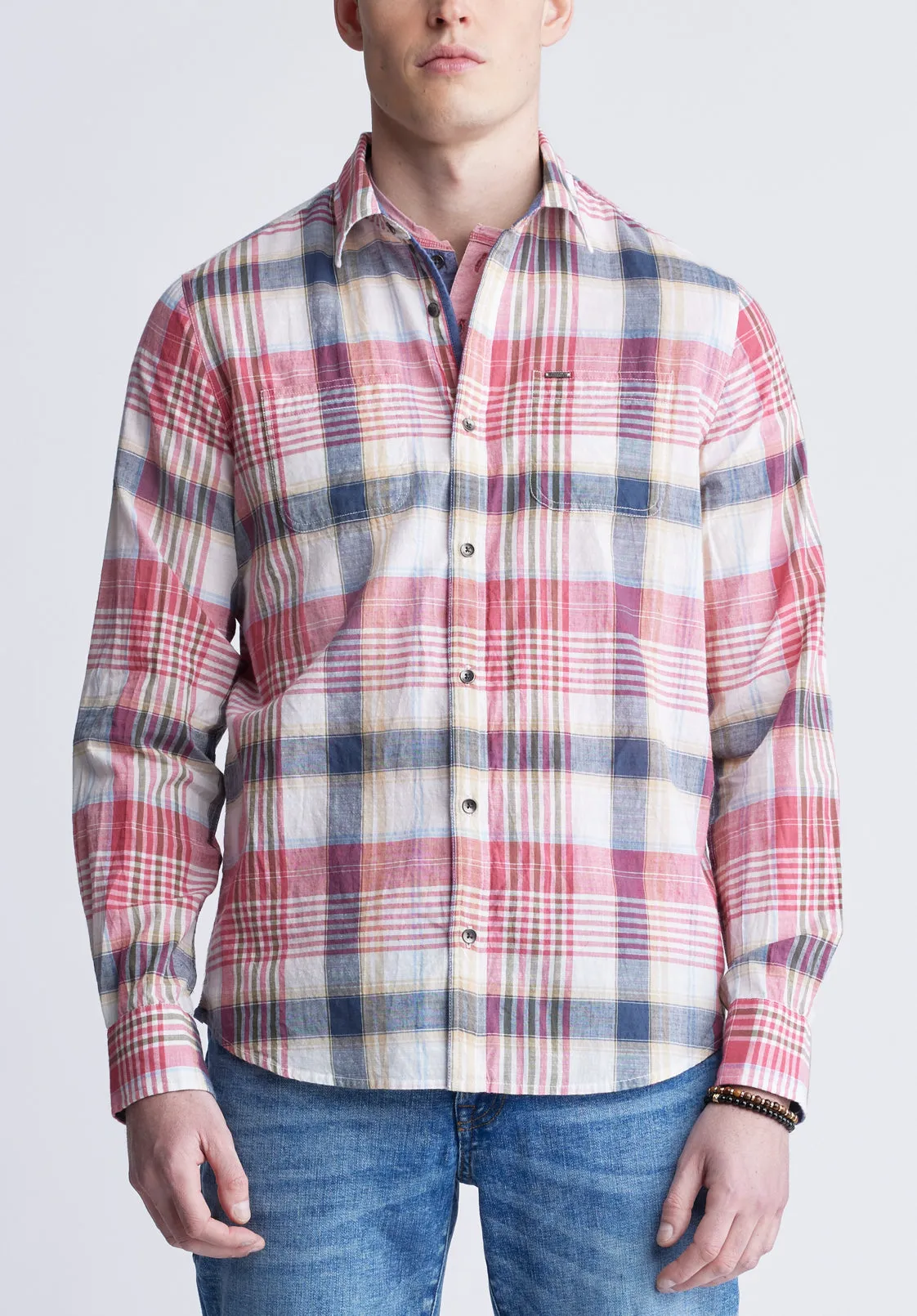 Sizar Men's Long Sleeve Plaid Shirt, White with Pink and Blue - BM24370 sold by Buffalo David Bitton
