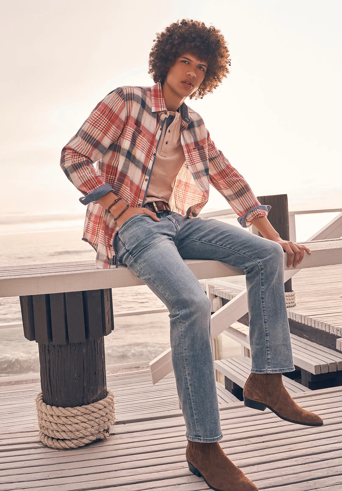 Sizar Men's Long Sleeve Plaid Shirt, White with Pink and Blue - BM24370 sold by Buffalo David Bitton product image thumbnail 2