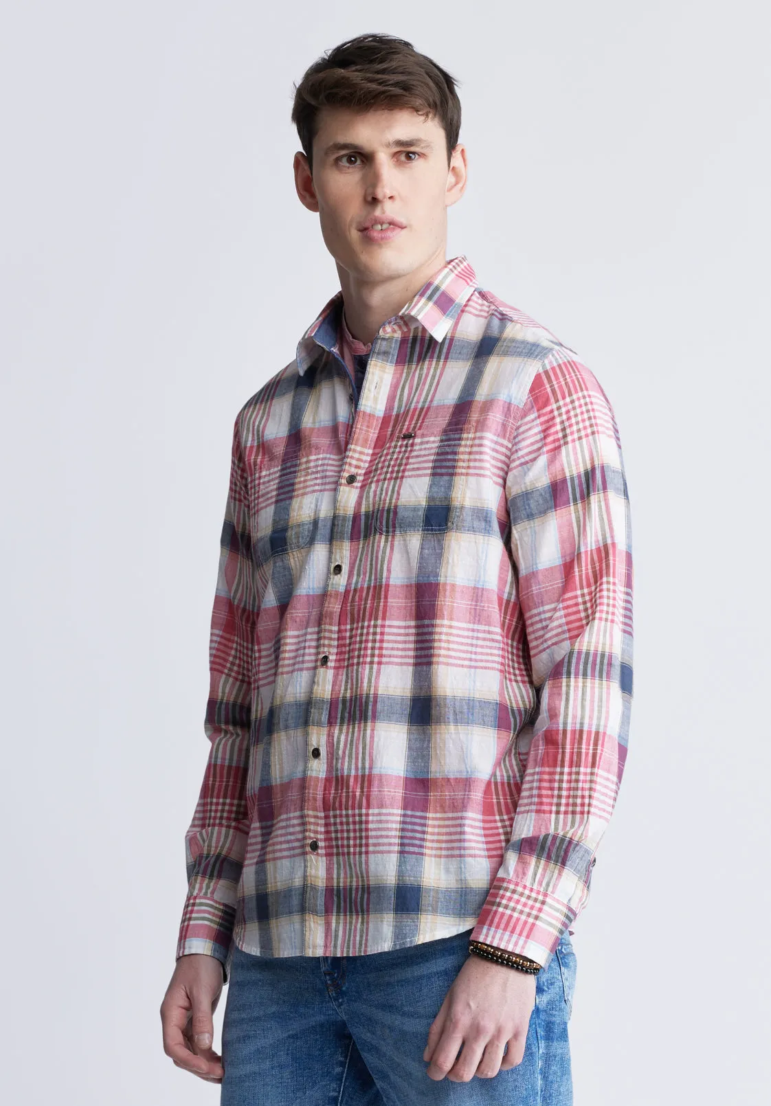 Sizar Men's Long Sleeve Plaid Shirt, White with Pink and Blue - BM24370 sold by Buffalo David Bitton product image thumbnail 4