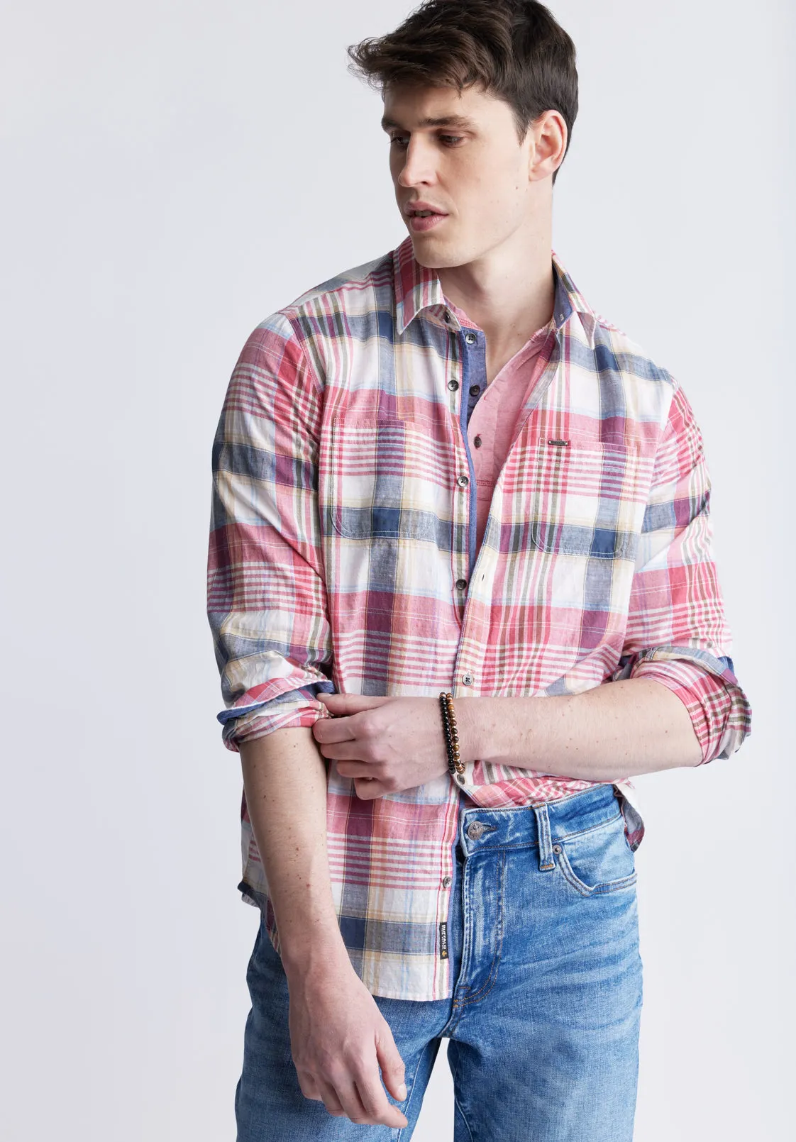 Sizar Men's Long Sleeve Plaid Shirt, White with Pink and Blue - BM24370 sold by Buffalo David Bitton product image thumbnail 3