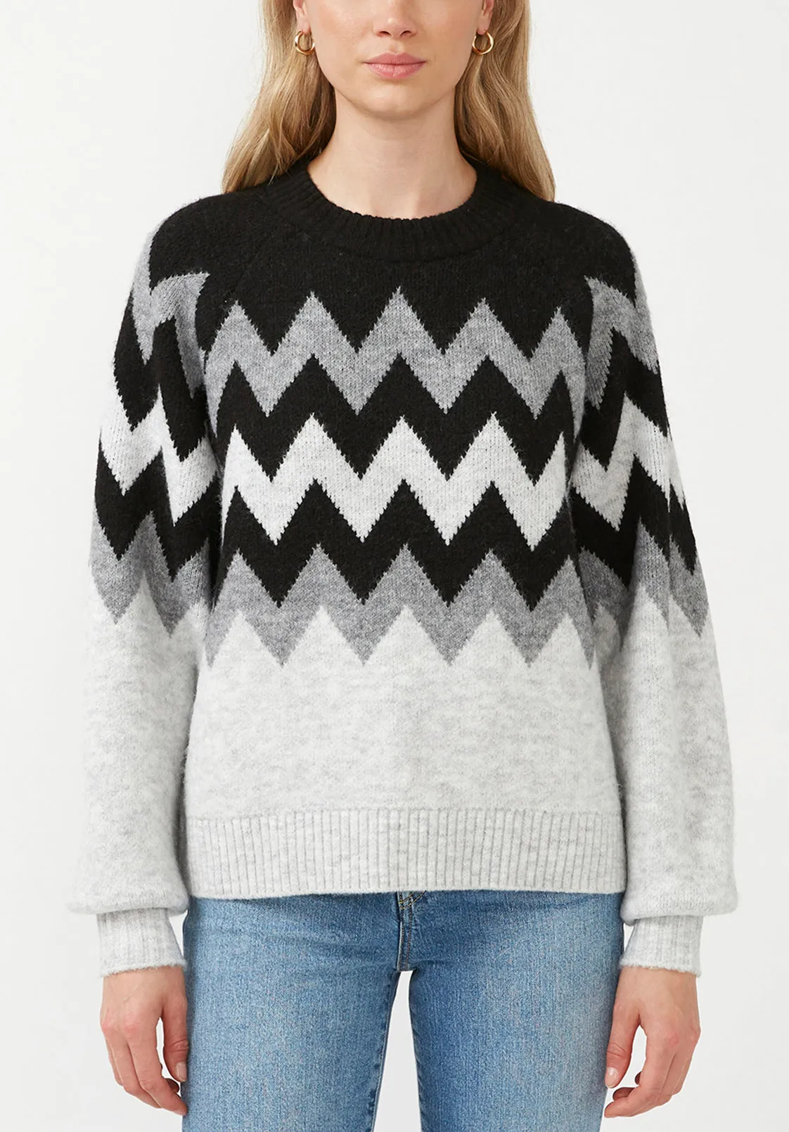 Nerissa Women's Crewneck Sweater in Black & Grey Chevron Print - SW0023F sold by Buffalo David Bitton