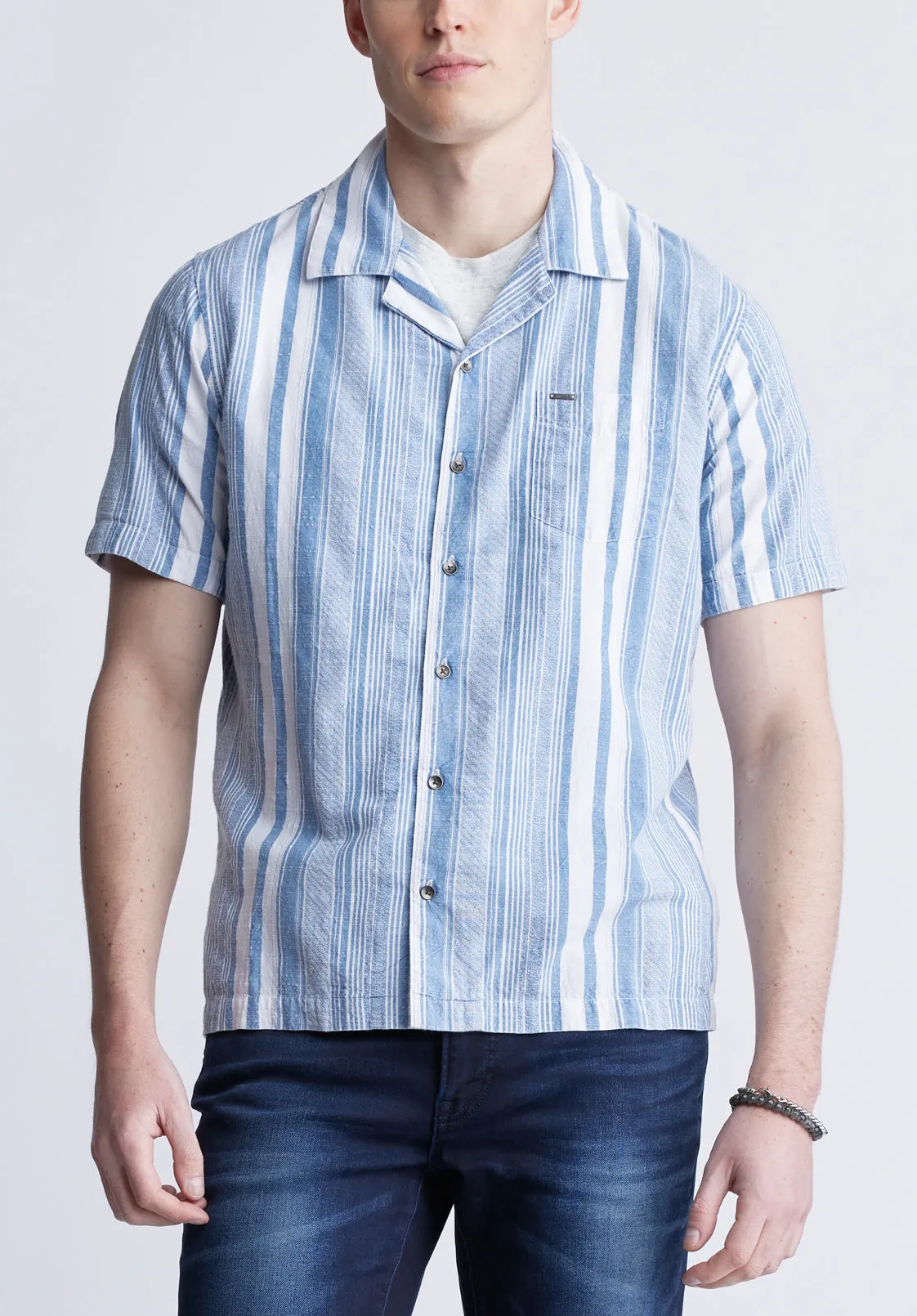 Sinap Men's Short Sleeve Striped Shirt, Blue and White - BM24367 sold by Buffalo David Bitton
