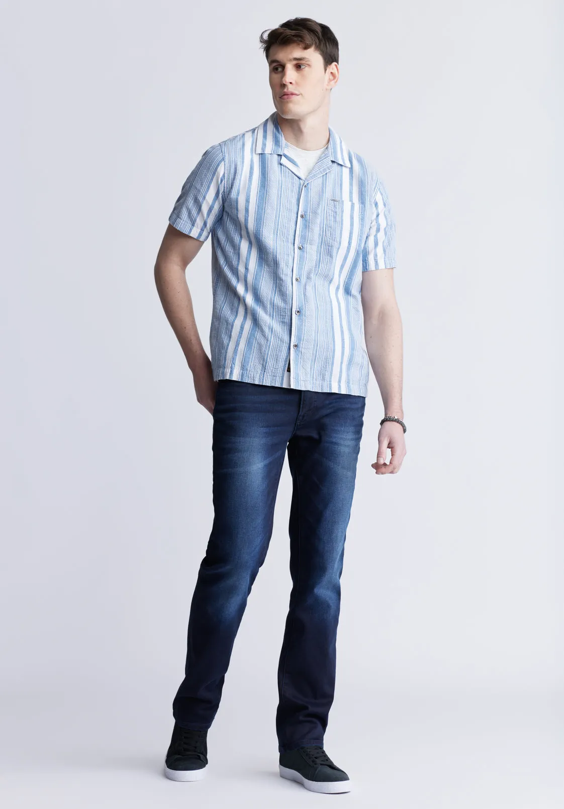 Sinap Men's Short Sleeve Striped Shirt, Blue and White - BM24367 sold by Buffalo David Bitton product image thumbnail 5