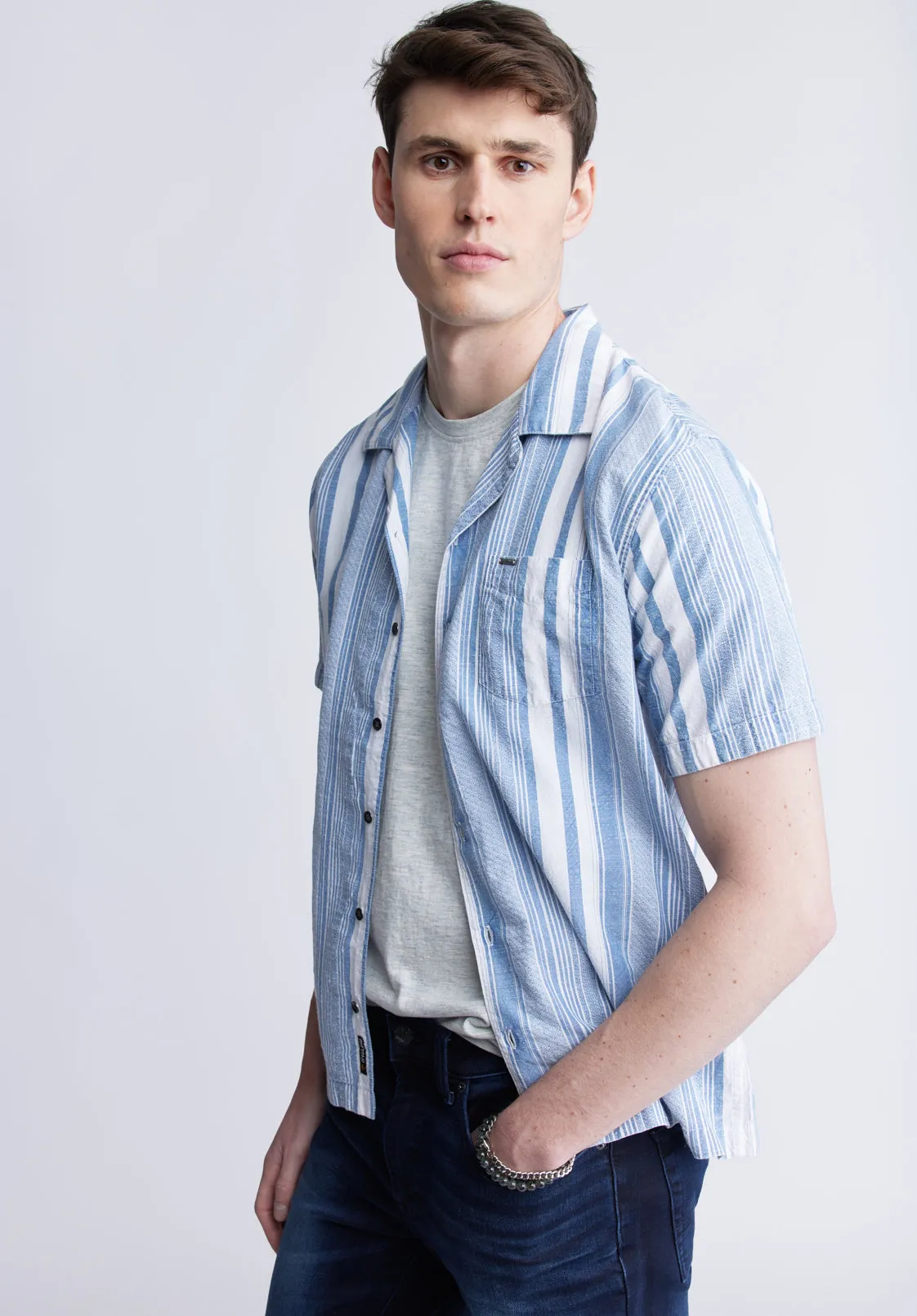 Sinap Men's Short Sleeve Striped Shirt, Blue and White - BM24367 sold by Buffalo David Bitton product image thumbnail 3