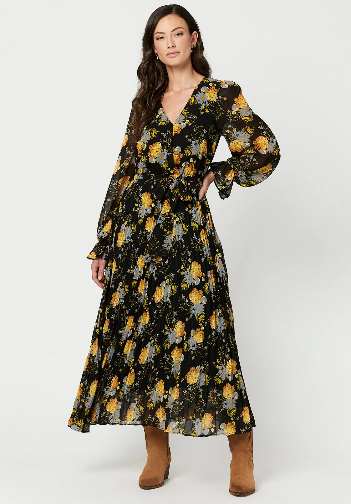 Angelique Women's Bell Sleeve Dress in Black Floral - WD0346F sold by Buffalo David Bitton