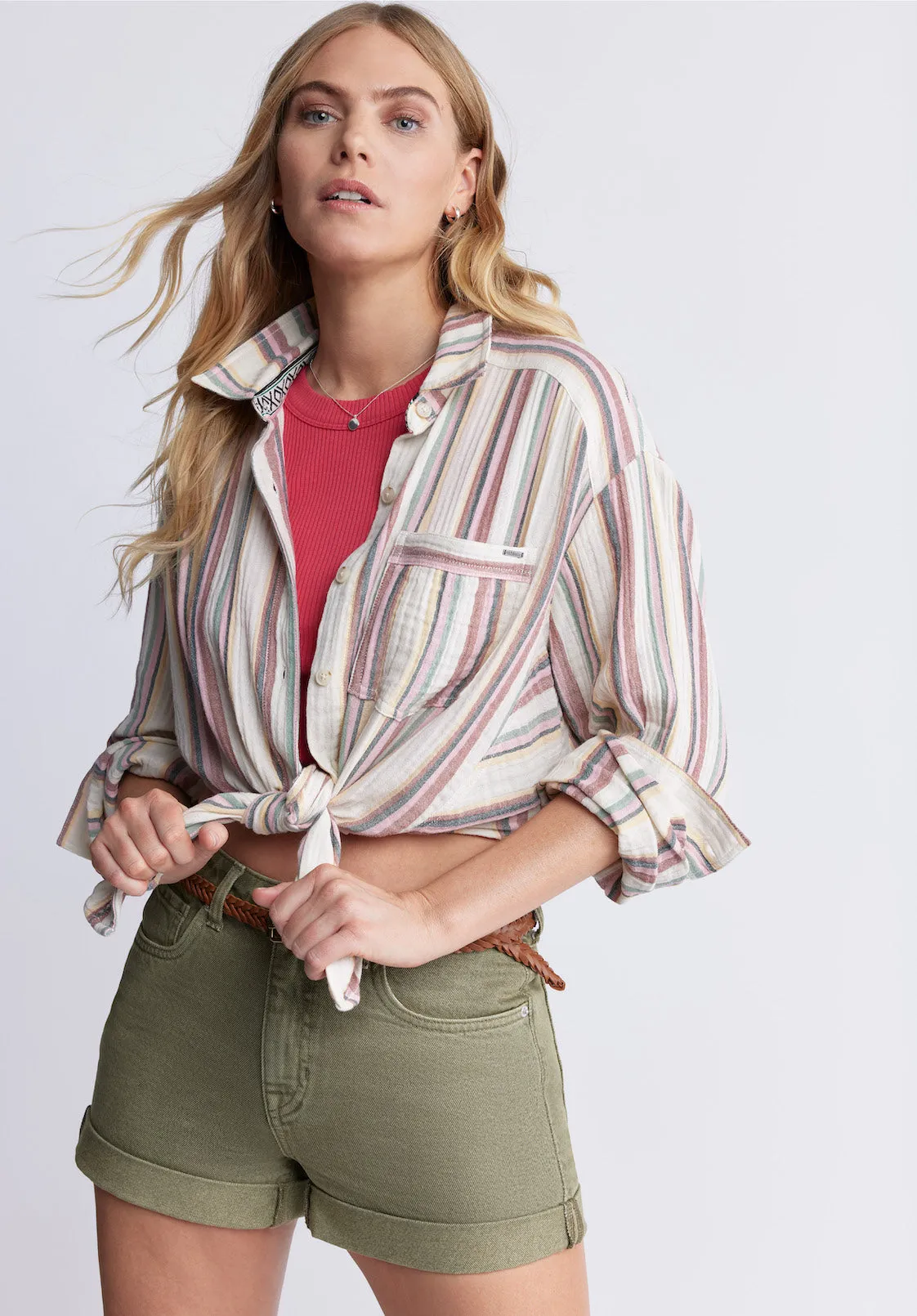 Aija Women’s Long Sleeve Striped Blouse, Beige & Pink - WT0080P sold by Buffalo David Bitton product image thumbnail 3