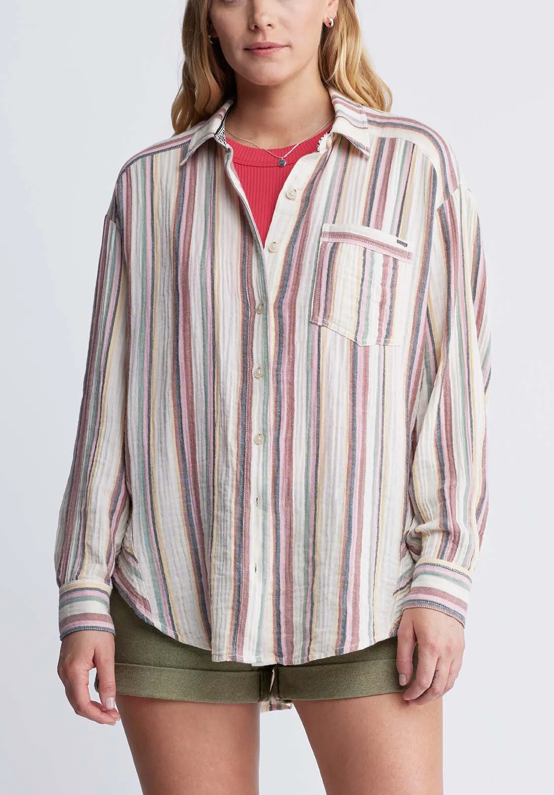 Aija Women’s Long Sleeve Striped Blouse, Beige & Pink - WT0080P sold by Buffalo David Bitton