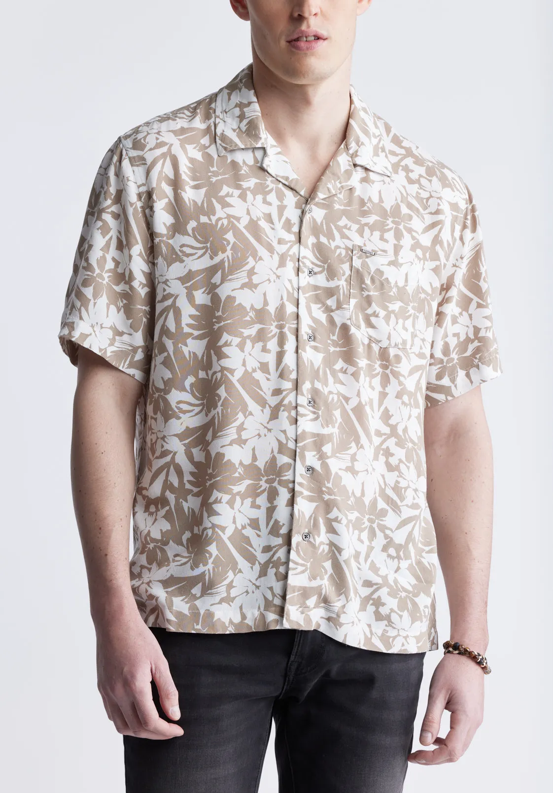 Sandro Men's Short Sleeve Printed Camp Shirt, Tan - BM24364 sold by Buffalo David Bitton