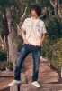 Salaman Men's Short Sleeve Shirt, White with Blue Print - BM24363 sold by Buffalo David Bitton