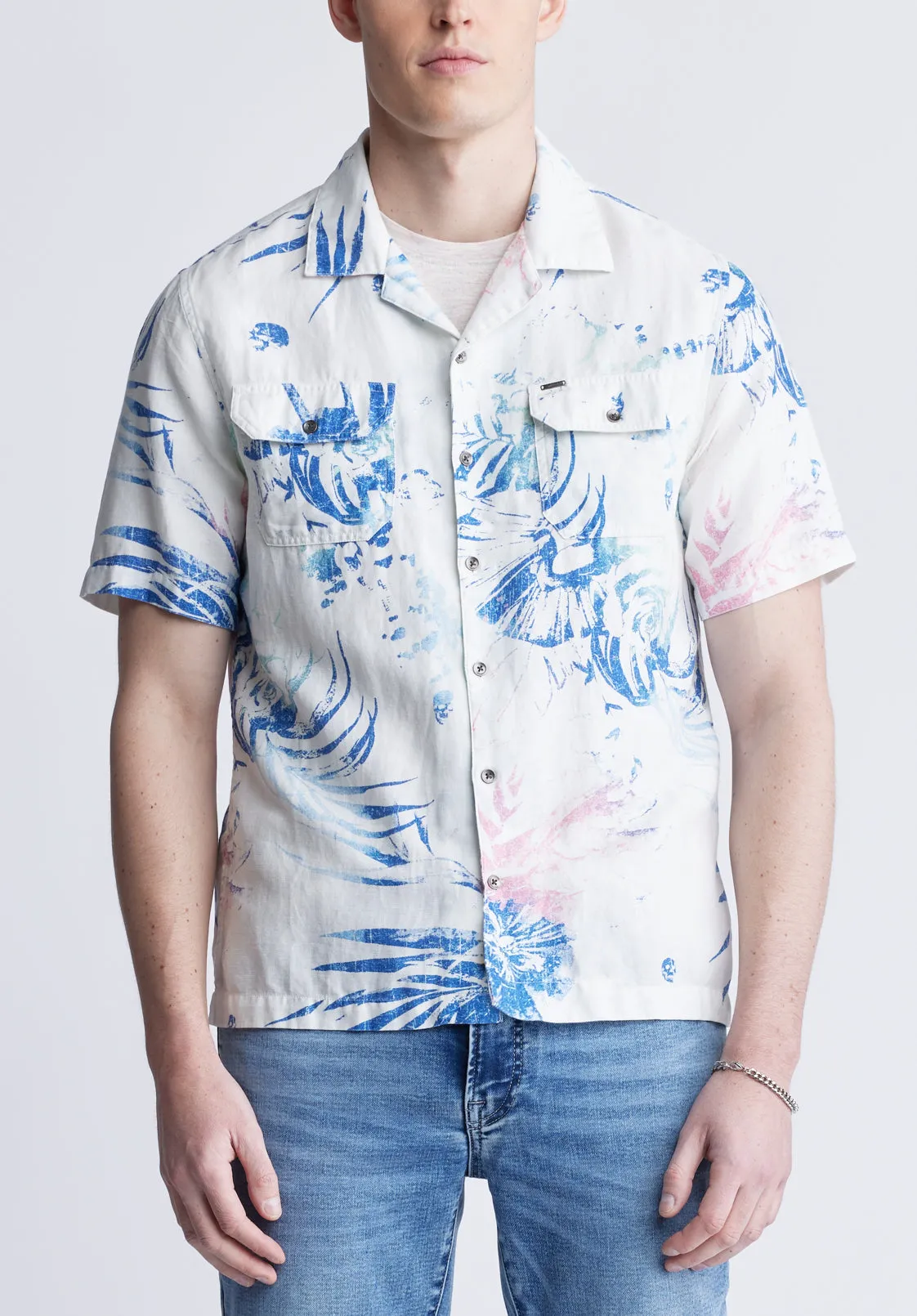 Salaman Men's Short Sleeve Shirt, White with Blue Print - BM24363 sold by Buffalo David Bitton