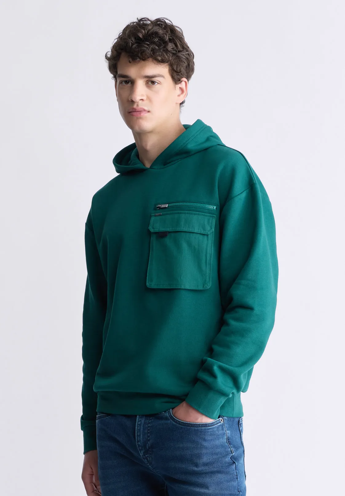 Fabio Men's Hooded Sweatshirt with Chest Pocket, Forest Green - BM24393 sold by Buffalo David Bitton product image thumbnail 3