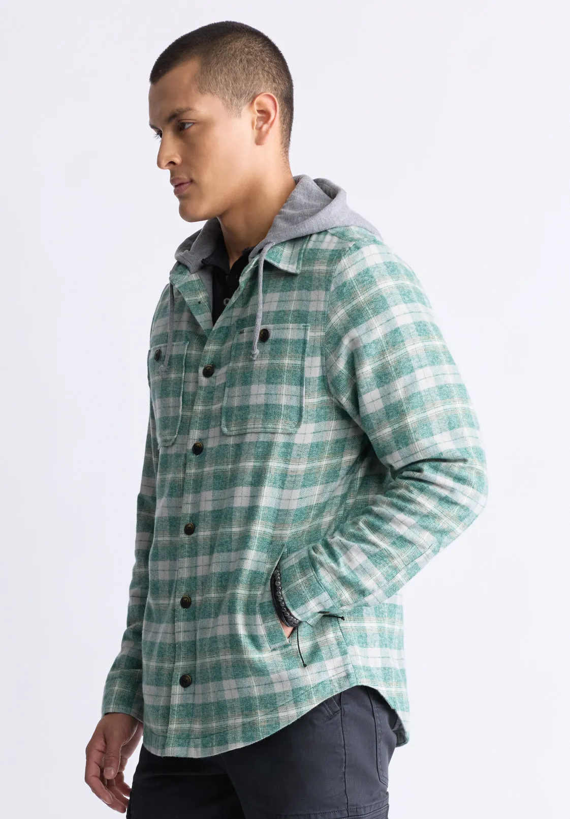 Jakeim Men's Plaid Hooded Shacket, Grey & Green - BM24443 sold by Buffalo David Bitton product image thumbnail 3