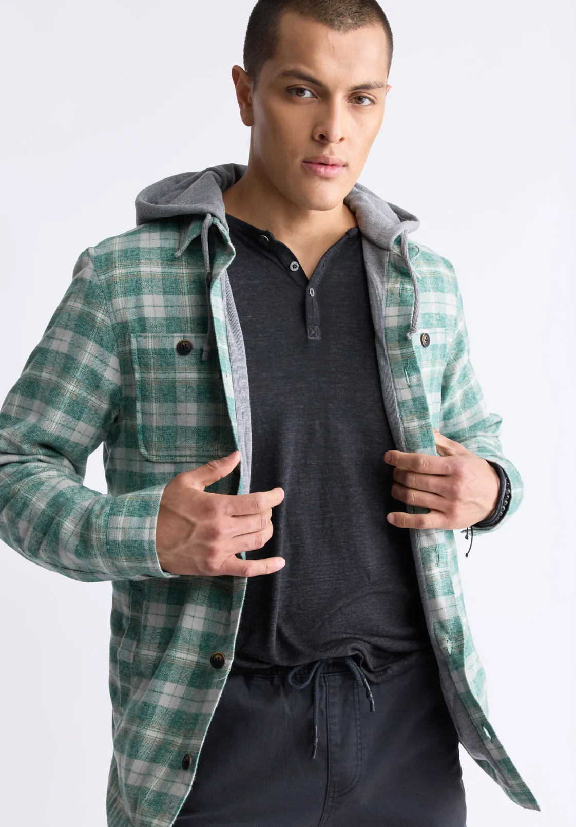 Jakeim Men's Plaid Hooded Shacket, Grey & Green - BM24443 sold by Buffalo David Bitton product image thumbnail 2