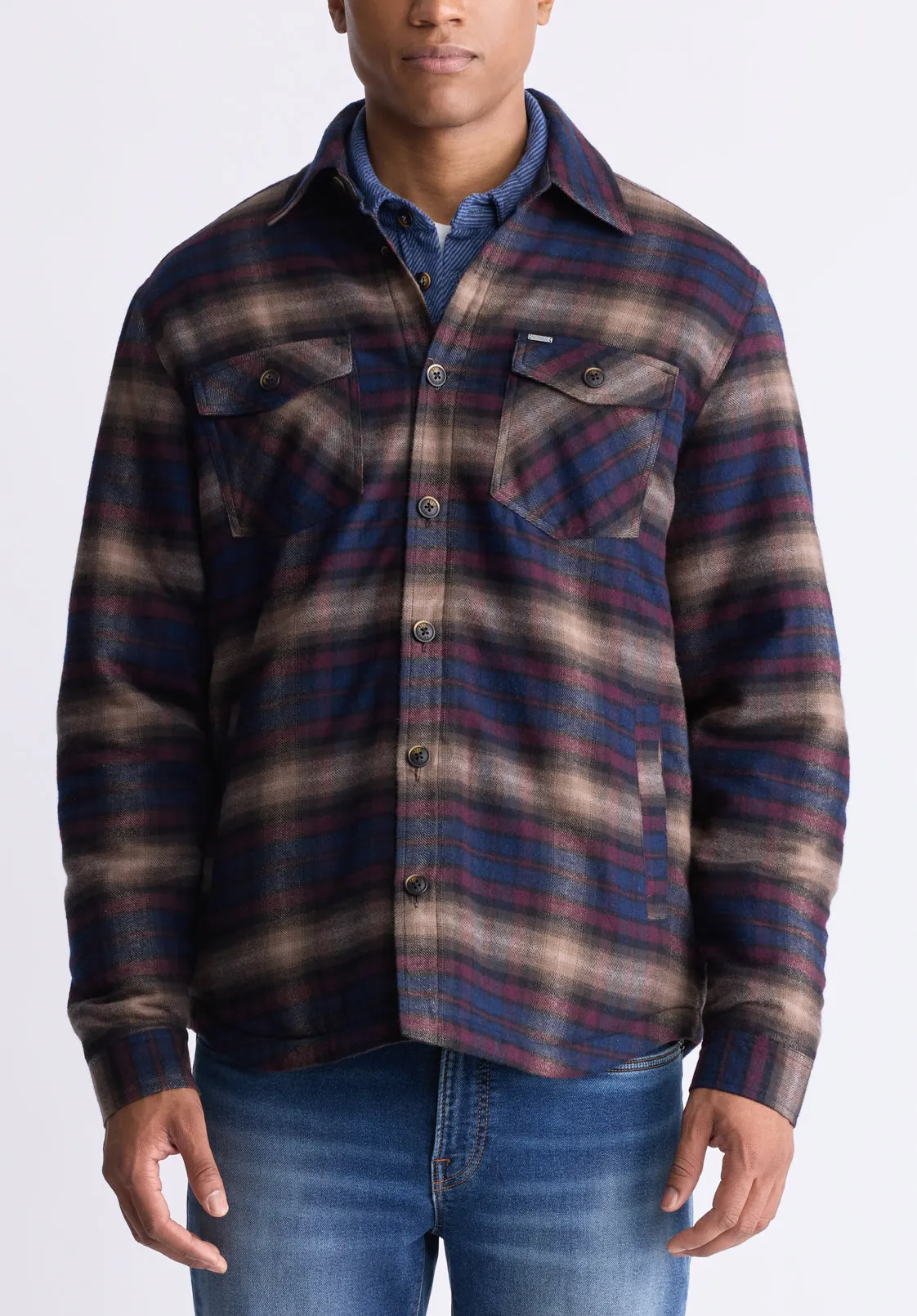 Jalika Men's Plaid Shacket with Sherpa Lining, Whale & Beige - BM24447 sold by Buffalo David Bitton