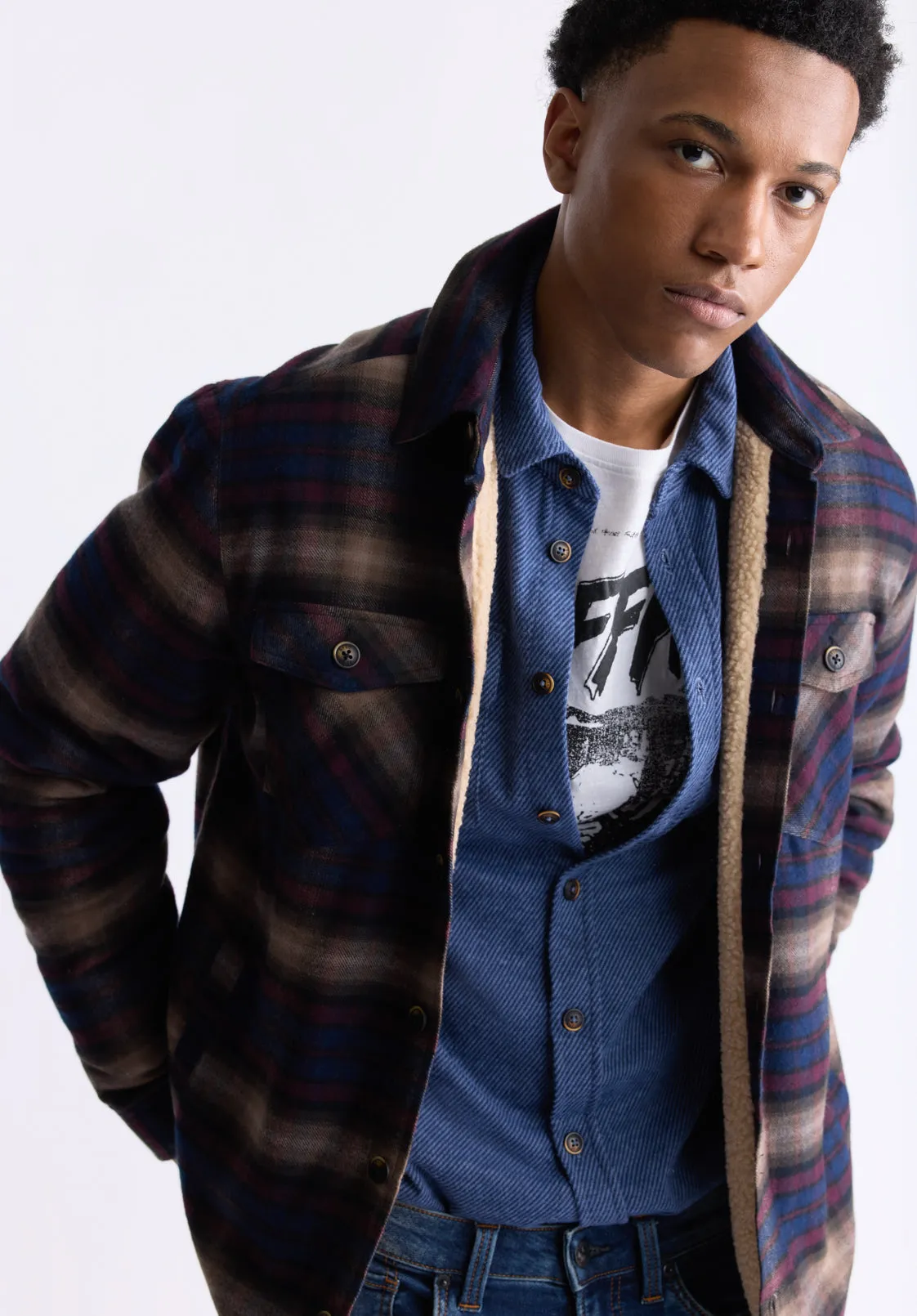 Jalika Men's Plaid Shacket with Sherpa Lining, Whale & Beige - BM24447 sold by Buffalo David Bitton product image thumbnail 2