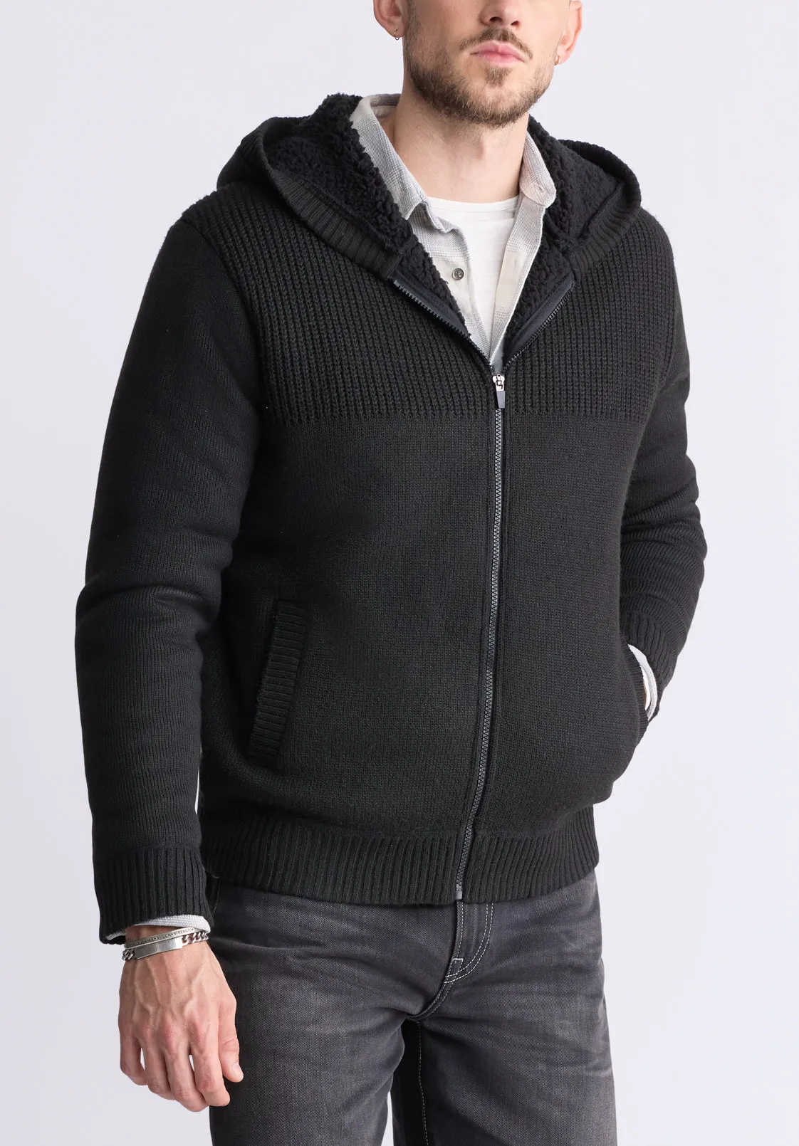 Walmick Men's Full-Zip Knit Hoodie with Sherpa Lining, Black - BM24477 sold by Buffalo David Bitton