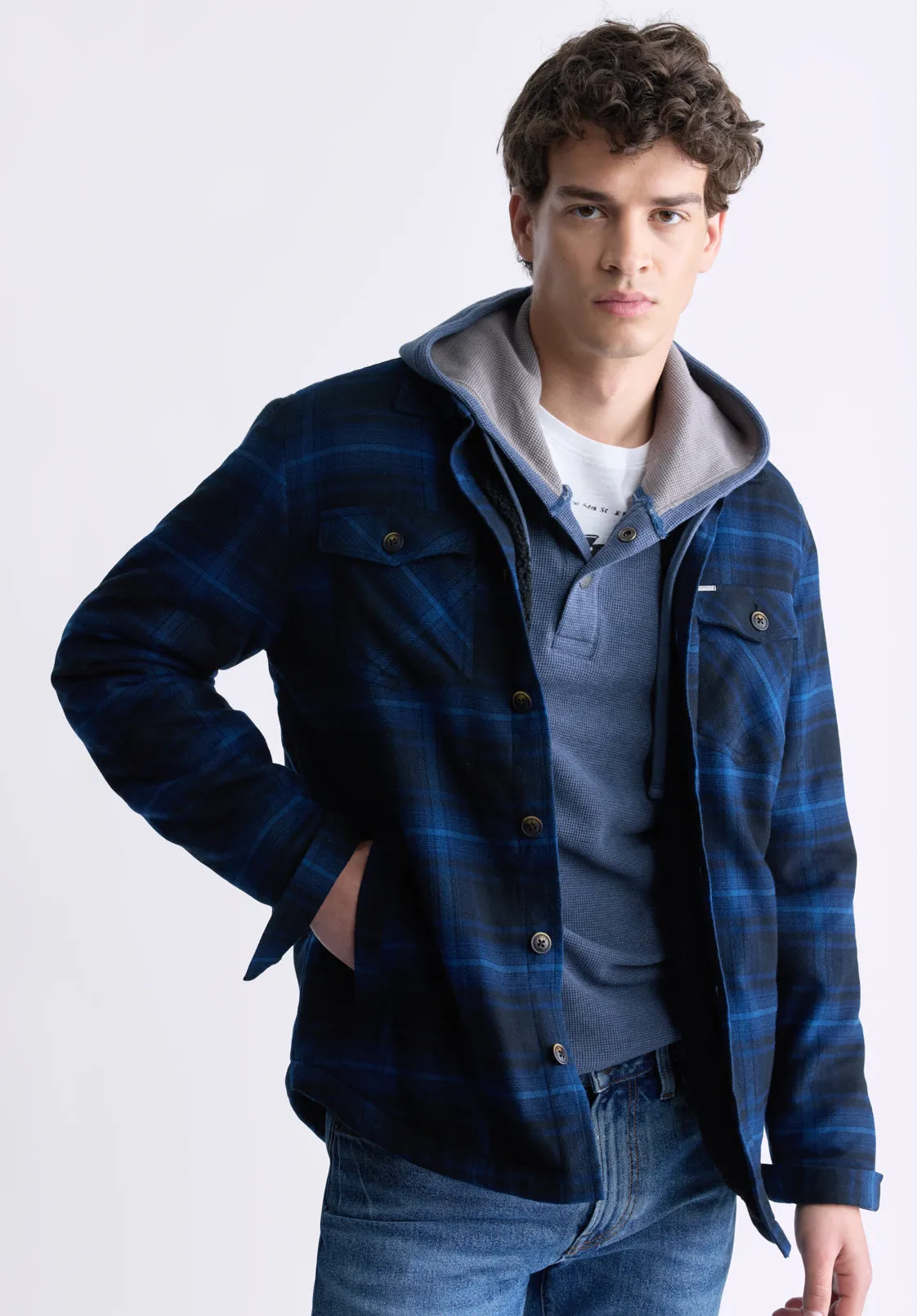 Jalika Men's Plaid Shacket with Sherpa Lining, Black & Navy - BM24447 sold by Buffalo David Bitton product image thumbnail 2