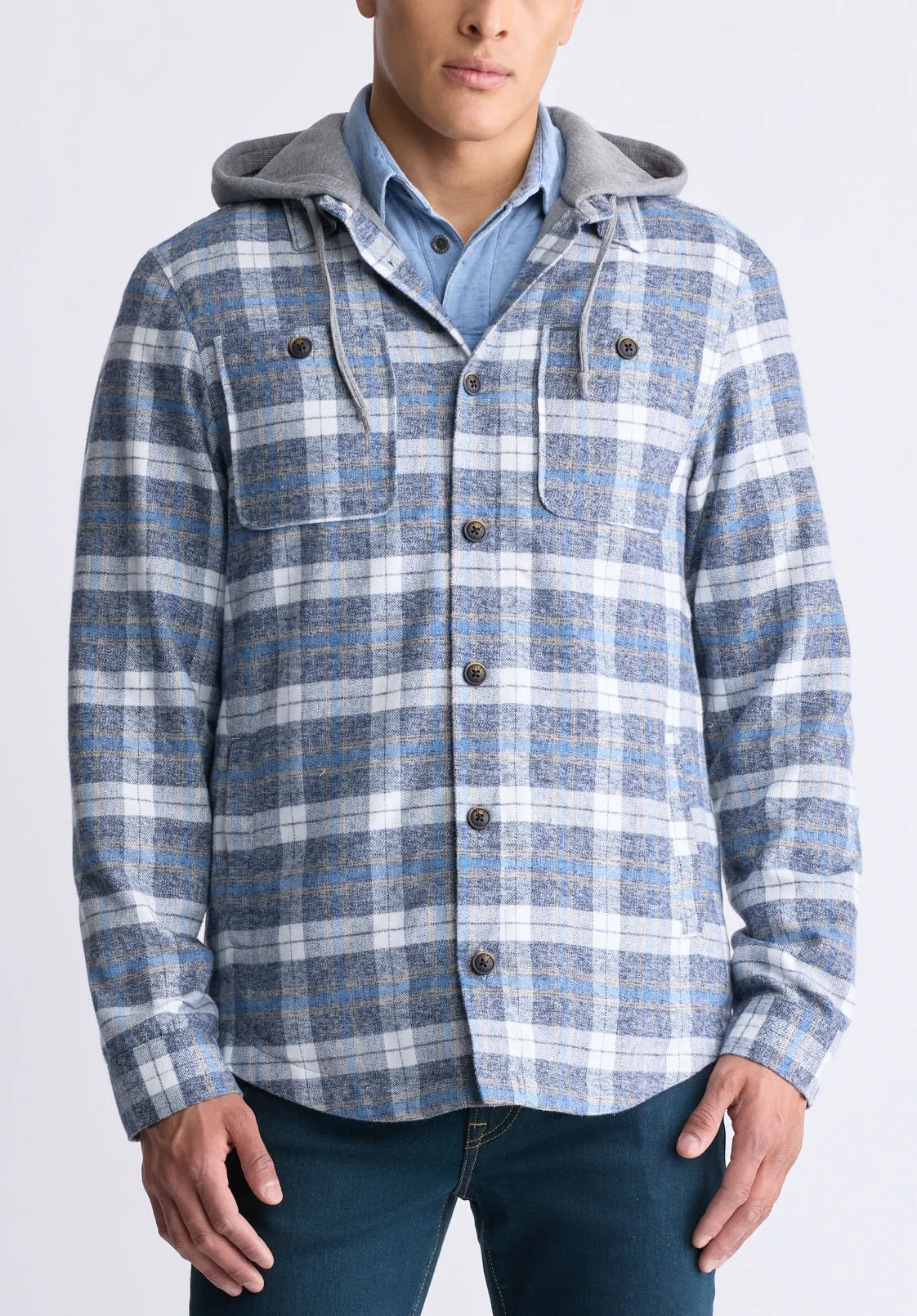 Jakeim Men's Plaid Hooded Shacket, Grey & Blue - BM24443 sold by Buffalo David Bitton