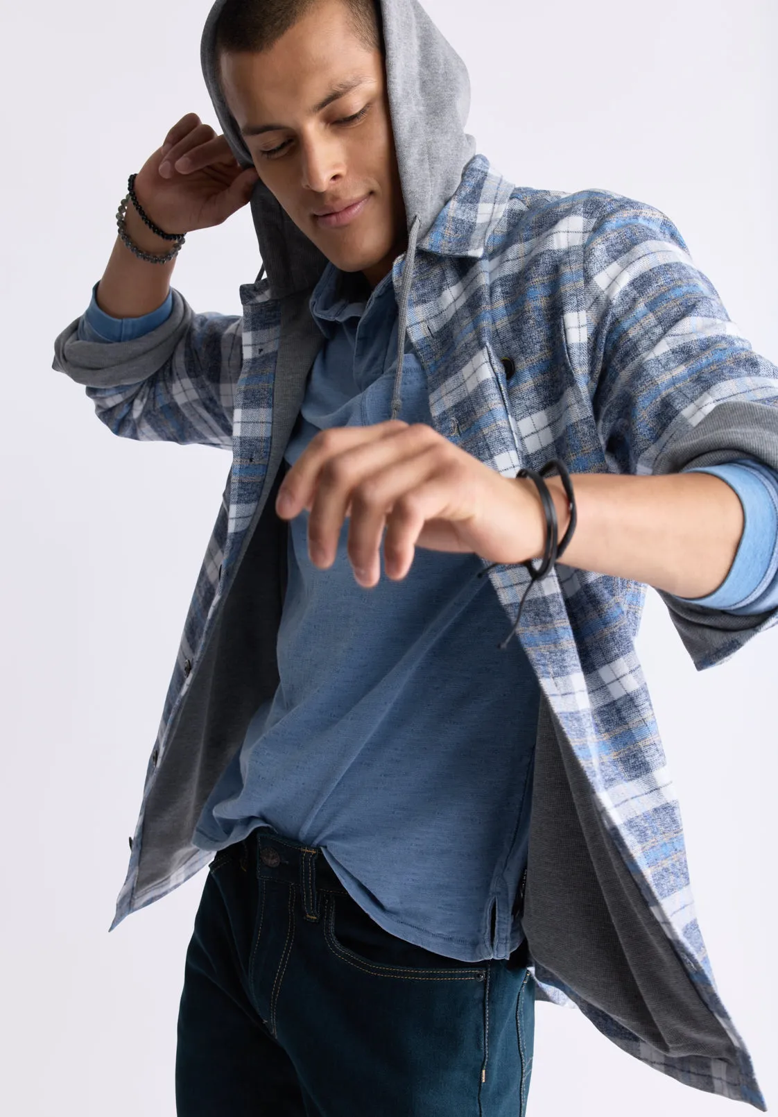 Jakeim Men's Plaid Hooded Shacket, Grey & Blue - BM24443 sold by Buffalo David Bitton product image thumbnail 3