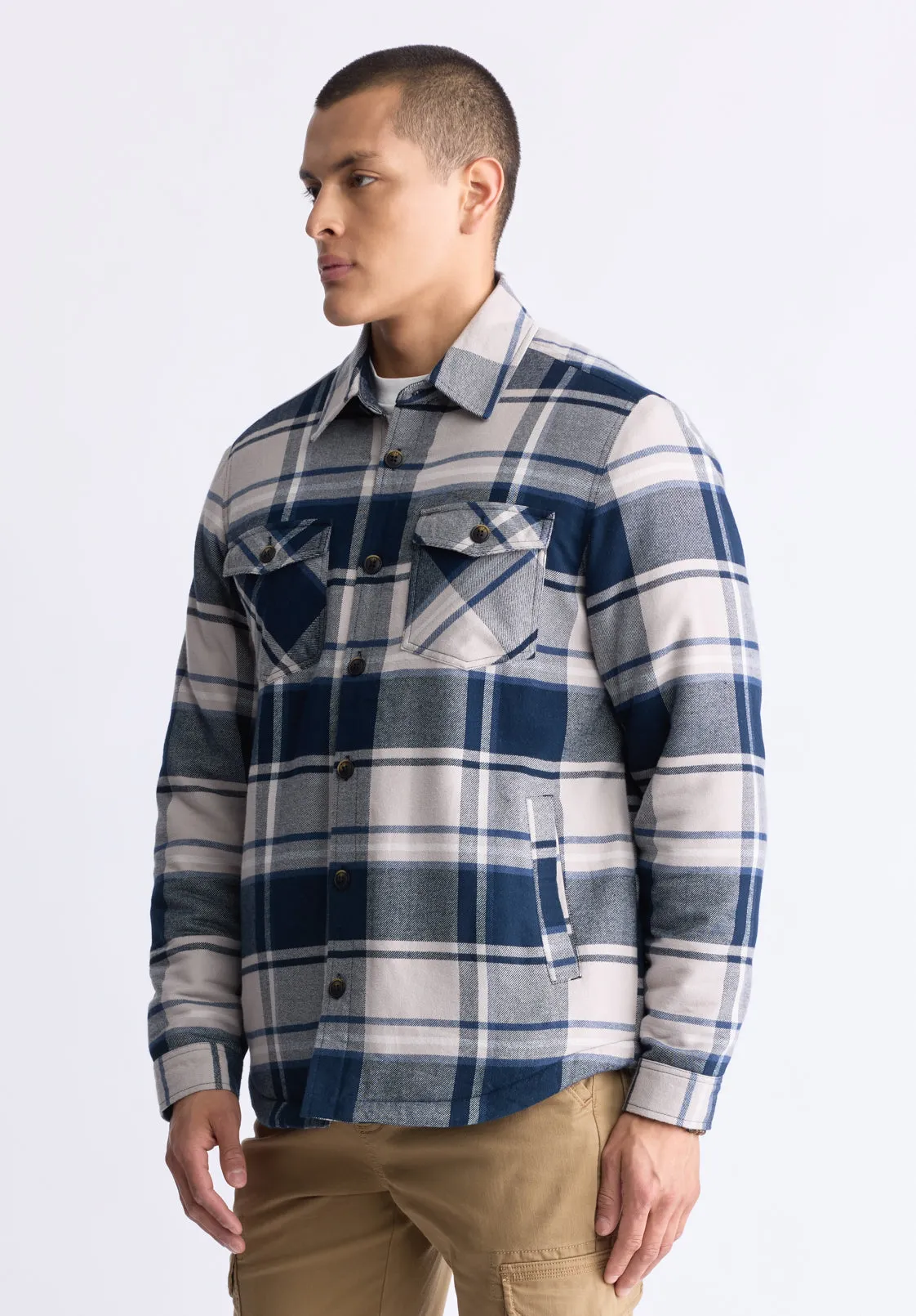 Jalika Men's Plaid Shacket with Sherpa Lining, Cream & Navy - BM24447 sold by Buffalo David Bitton product image thumbnail 4