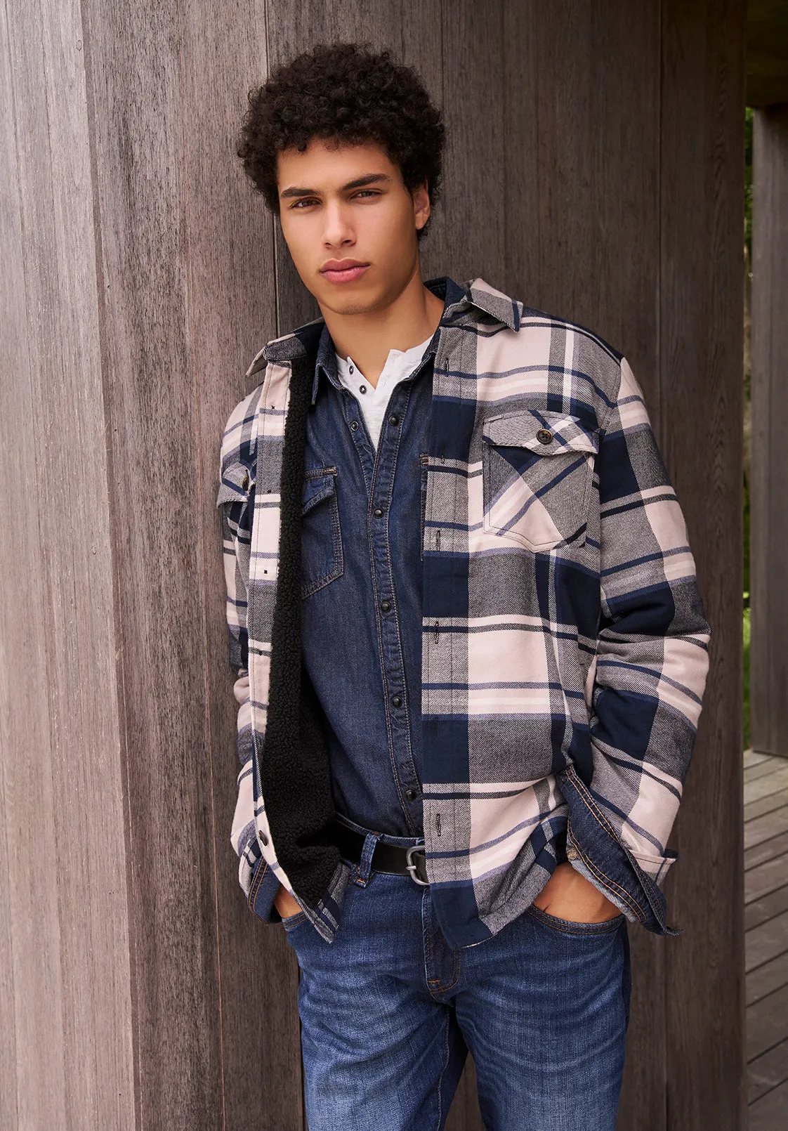 Jalika Men's Plaid Shacket with Sherpa Lining, Cream & Navy - BM24447 sold by Buffalo David Bitton product image thumbnail 2