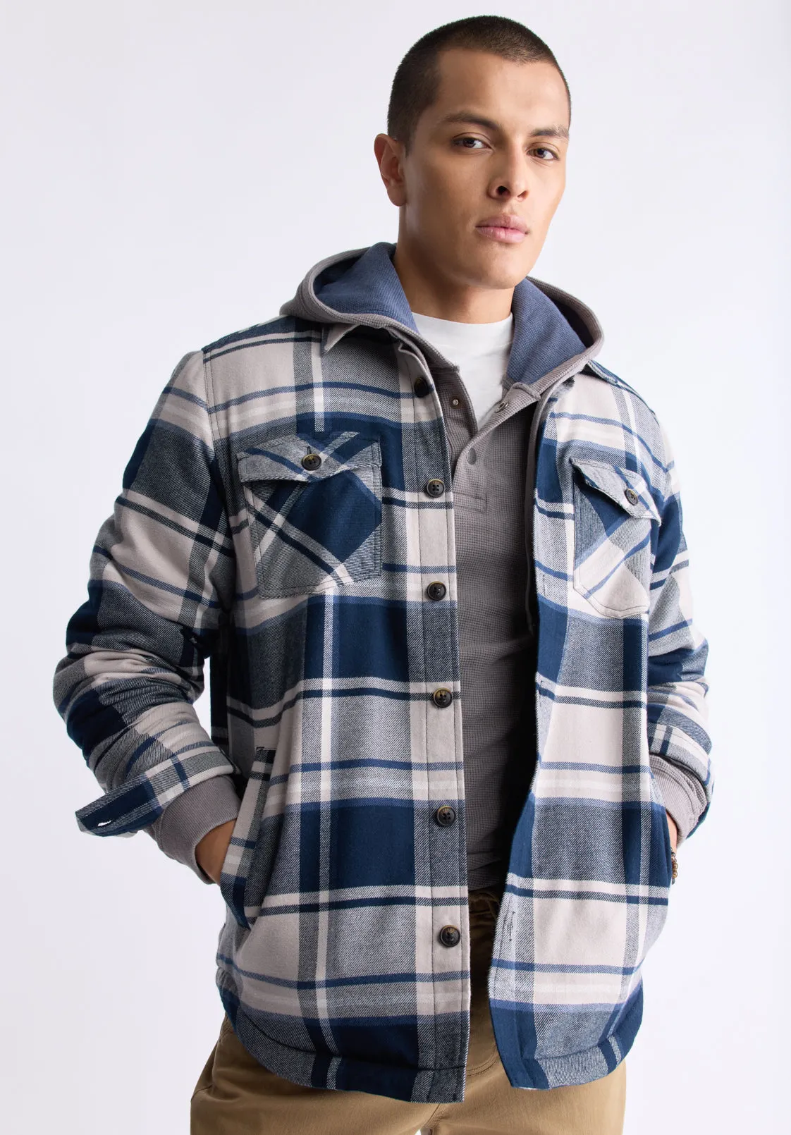 Jalika Men's Plaid Shacket with Sherpa Lining, Cream & Navy - BM24447 sold by Buffalo David Bitton product image thumbnail 3