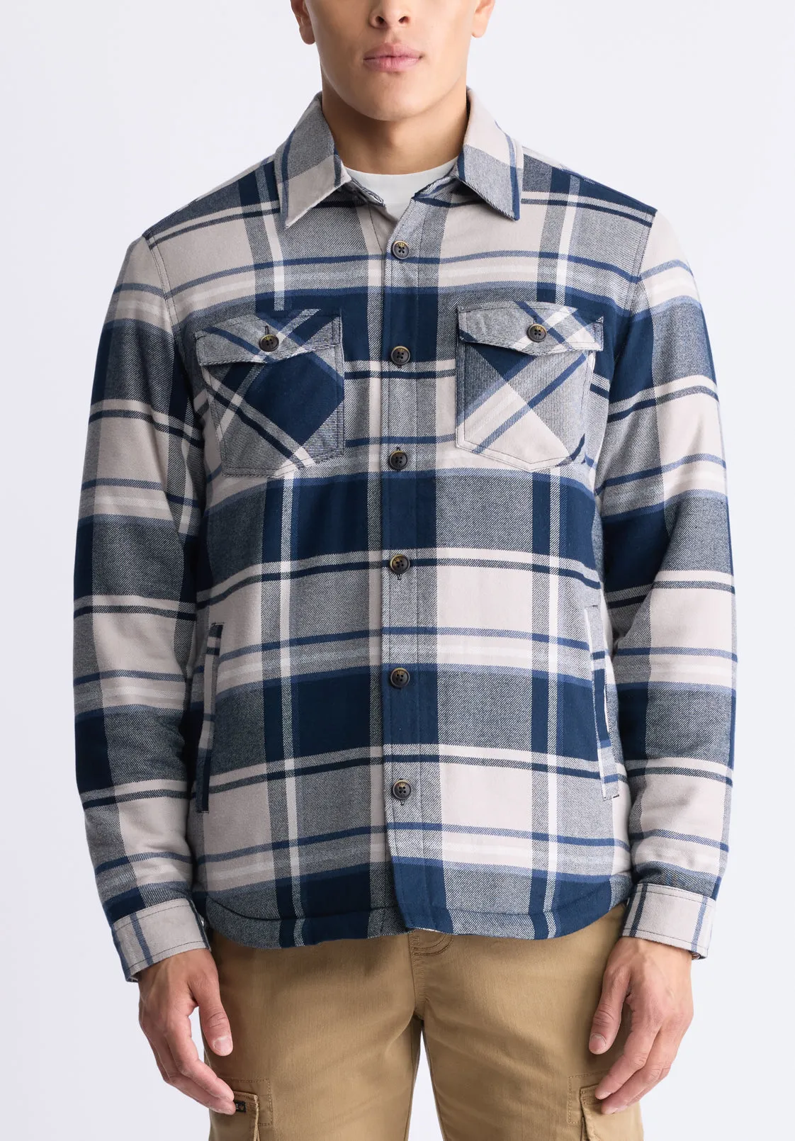 Jalika Men's Plaid Shacket with Sherpa Lining, Cream & Navy - BM24447 sold by Buffalo David Bitton