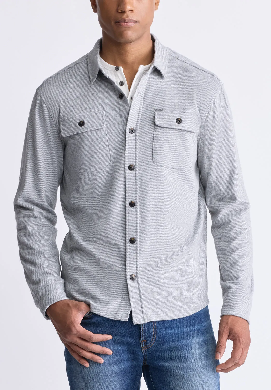 Sigge Men's Long-Sleeve Blanket Shirt with Chest Pockets, Light Grey - BM24460 sold by Buffalo David Bitton