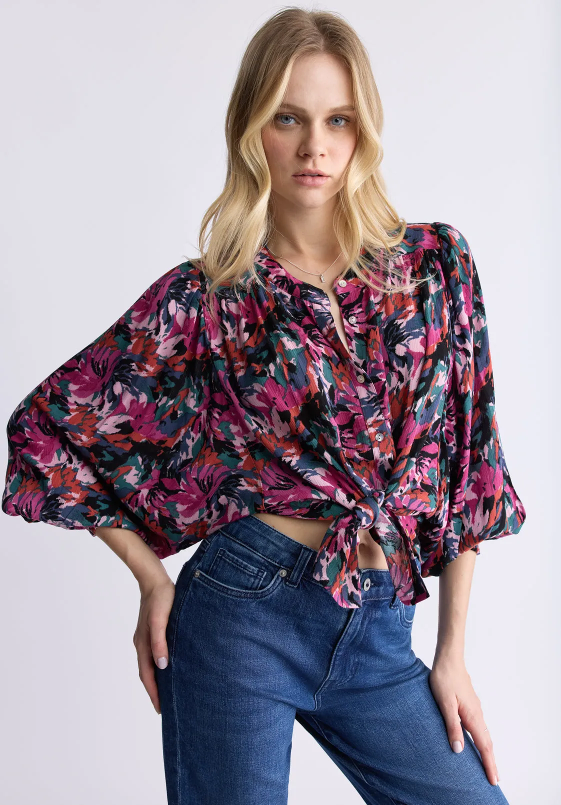 Ottilie Women's Long-Sleeved Blouse, Dark Pink Floral - WT0120F sold by Buffalo David Bitton product image thumbnail 2