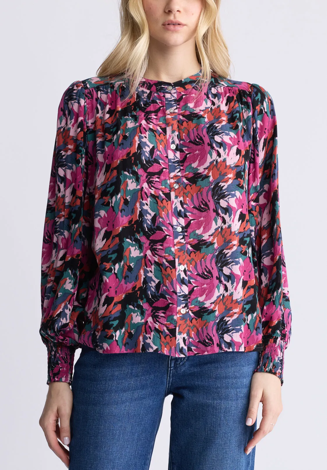 Ottilie Women's Long-Sleeved Blouse, Dark Pink Floral - WT0120F sold by Buffalo David Bitton