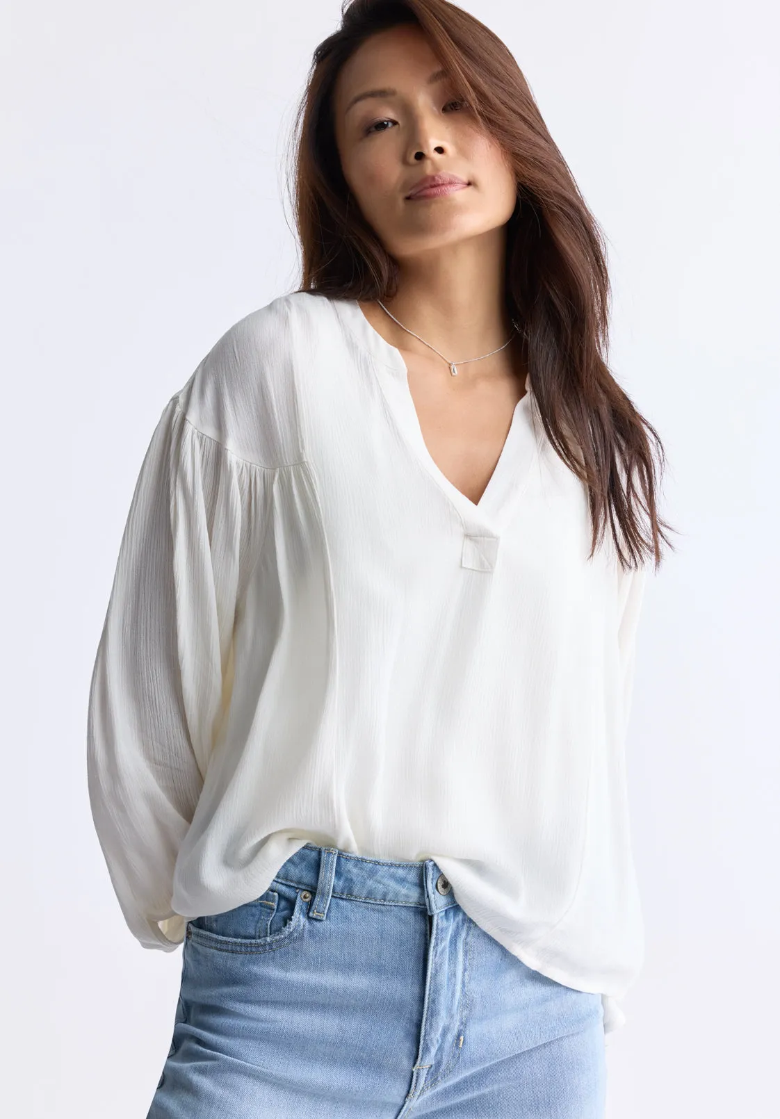 Kensley Women’s Dropped Shoulder V-neck Loose Blouse, White - WT0119F sold by Buffalo David Bitton product image thumbnail 2