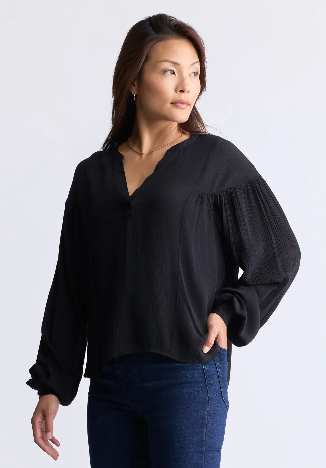 Kensley Women's Dropped Shoulder V-neck Loose Blouse, Black - WT0119F sold by Buffalo David Bitton product image thumbnail 4