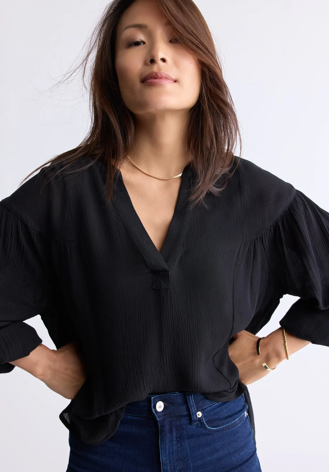 Kensley Women's Dropped Shoulder V-neck Loose Blouse, Black - WT0119F sold by Buffalo David Bitton product image thumbnail 3
