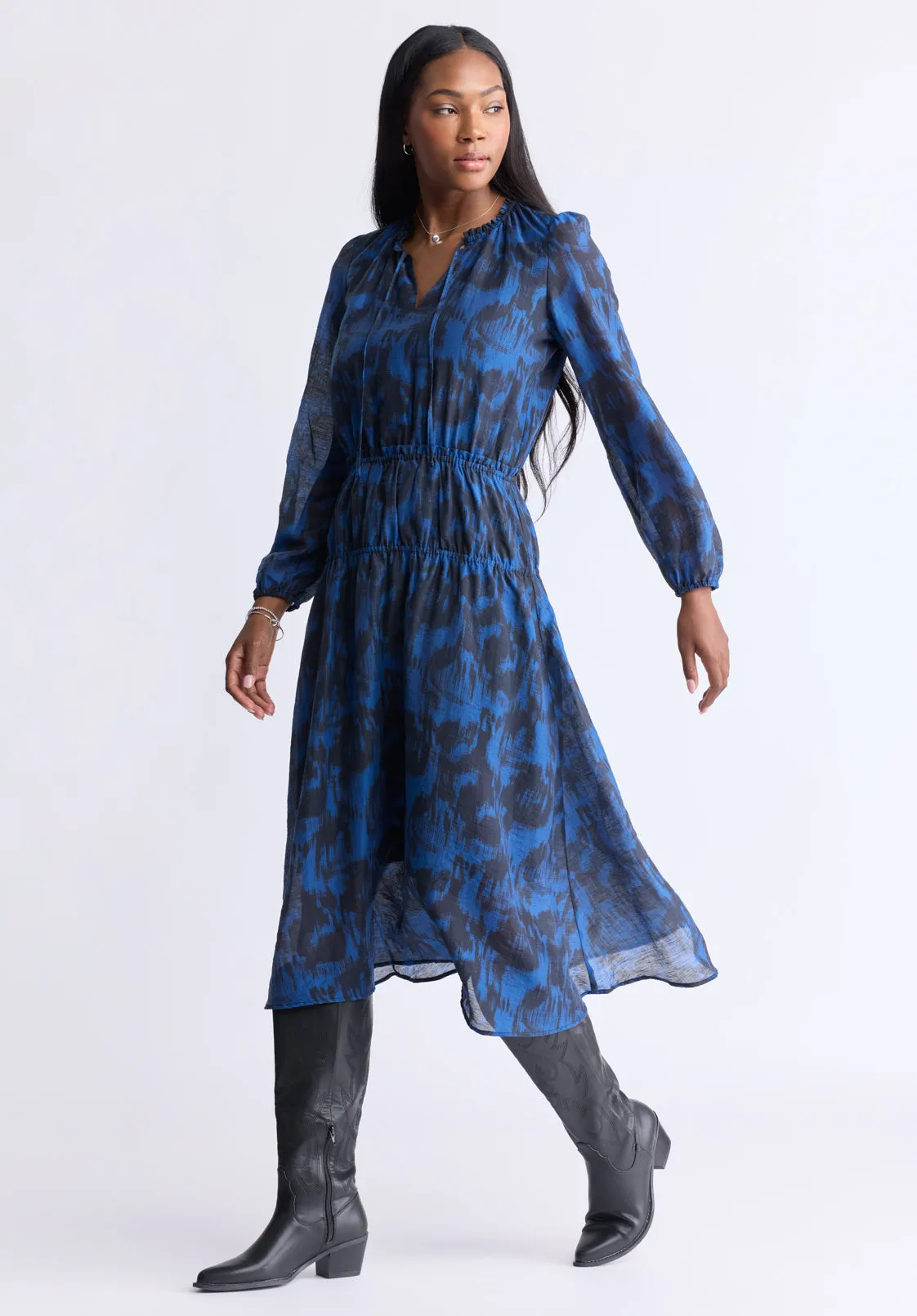 Virlen Women’s Long Sleeve Tie-neck Printed Midi Dress, Navy - WD0062F sold by Buffalo David Bitton product image thumbnail 3