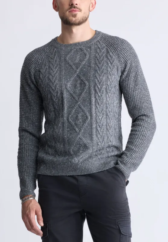 Wallaby Men’s Nep Yarn Cable Knit Crewneck Sweater, Grey - BM24417 sold by Buffalo David Bitton