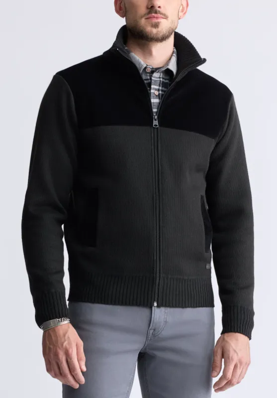 Watchman Men’s Contrasting High Neck Zip-up Sweater, Black - BPM14168 sold by Buffalo David Bitton